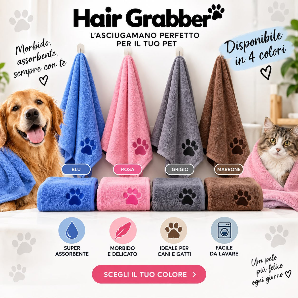 Hair Grabber DryPaw™ – Asciugamano Super Assorbente per Cani e Gatti