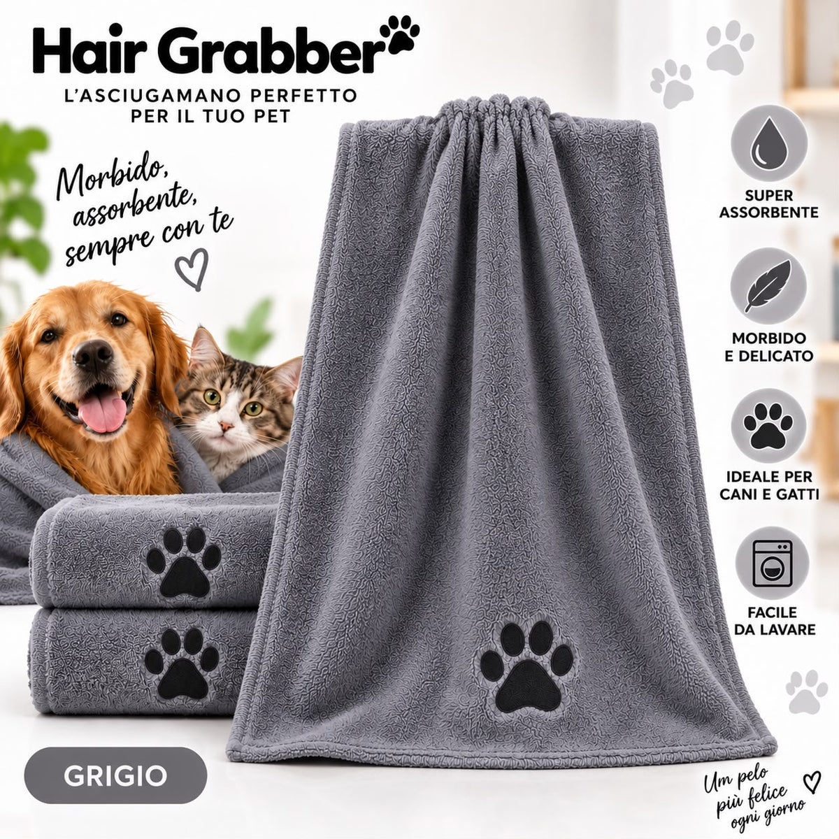 Hair Grabber DryPaw™ – Asciugamano Super Assorbente per Cani e Gatti