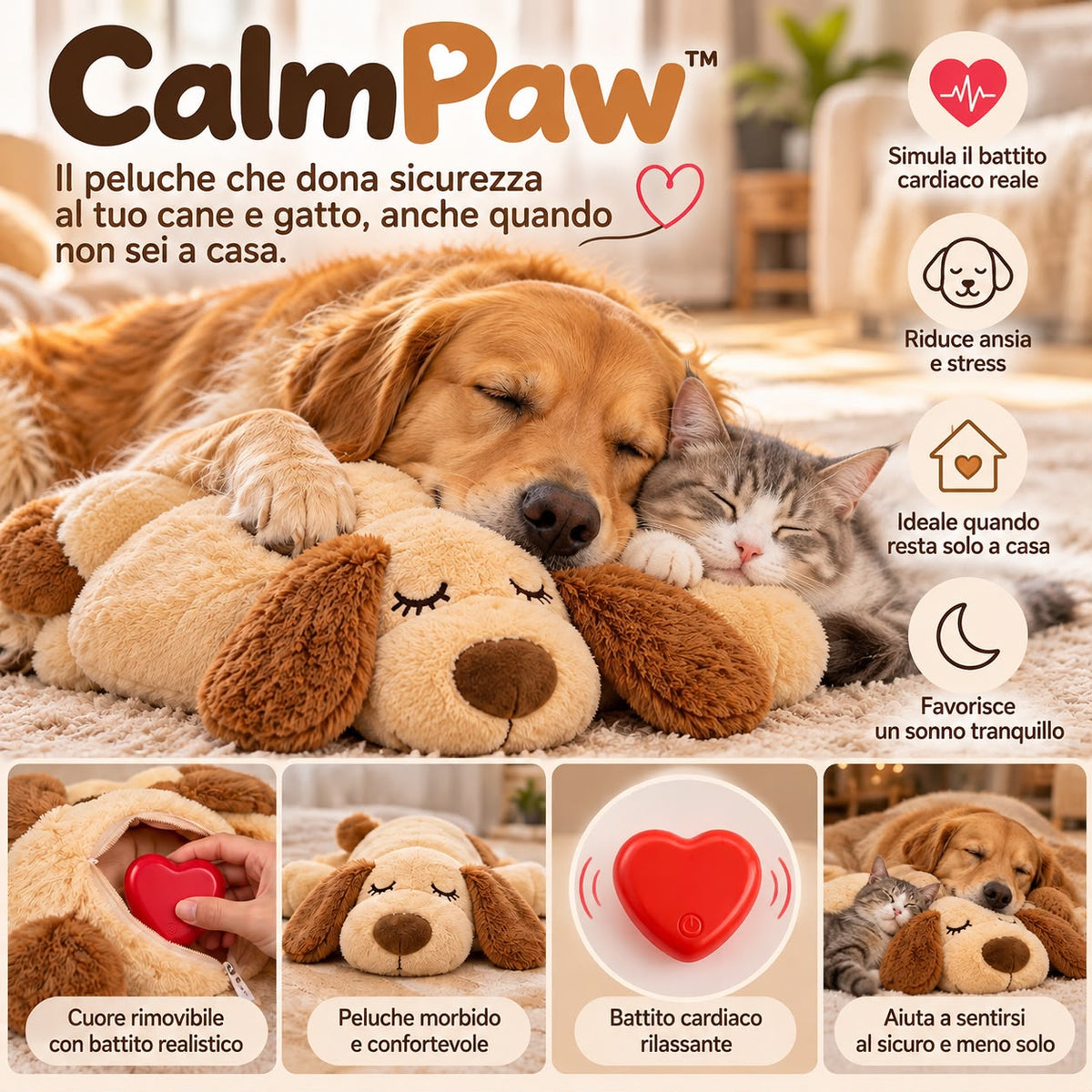CalmPaw™ – Peluche Calmante con Battito Cardiaco per Cani e Gatti 🐶🐱❤️